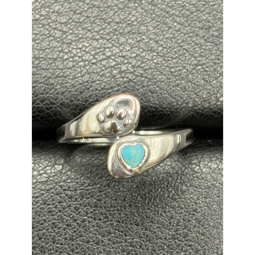 New Condition Sterling Silver Turquoise Paw Heart Bypass Ring Size 7 H13